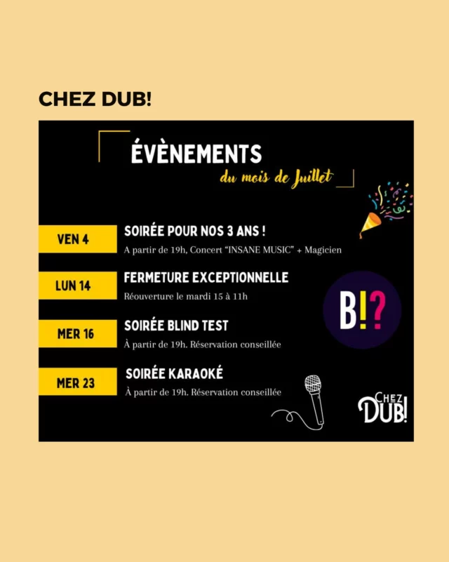 En Juillet, @chezdubsaintcyr , ne manquez pas :

😎La soirée 3 ans avec concert et magicien 
🎼La soirée blind Test
🎤La soirée Karaoké ! 

📍Chez Dub! , 2 rue Mireille BROCHIER, Saint-Cyr-sur-Loire, France

#camarche #ToursNord #Villedetours #associationdescommercants #CommerçantsEnsemble