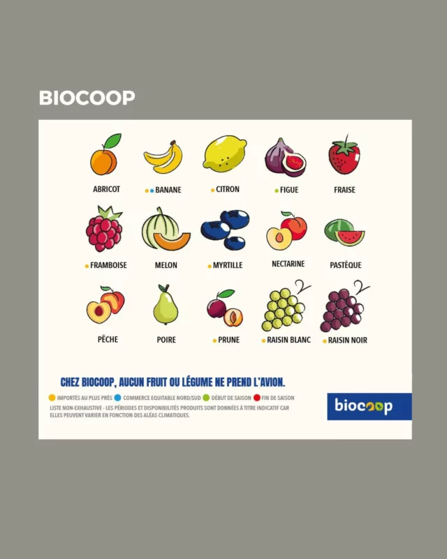 Les fruits de saison, dispos chez @biocoop_toursnord pour qui la saisonnalité n'est pas une option ! 🍑🍌🍇

Vous trouverez toujours des fruits et légumes bio, de saison et...
☀️En priorité Origine France mais surtout local (-150km)
☀️ Issus du Commerce Équitable (pour les fruits exotiques notamment, livrés par bateau)
☀️ Pas de serres chauffées (c'est la base)

Biocoop Tours Nord 15 Rue Arthur Rimbaud, 37100 Tours